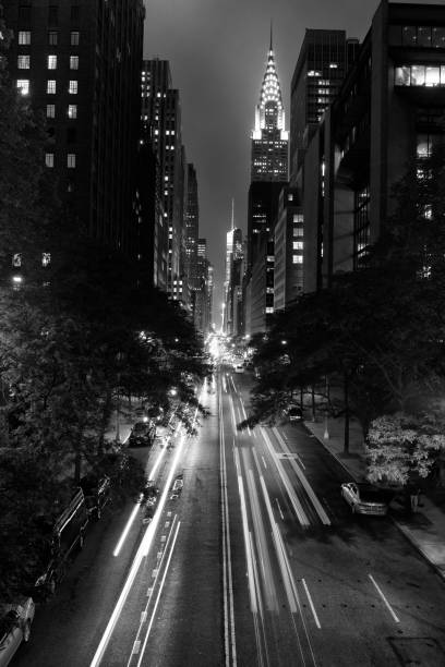 Traffic in 42nd at Night, Chrysler Building in the background, Manhattan, NYC, USA.