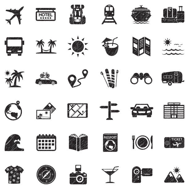 Travel Icons. Black Scribble Design. Vector Illustration Travel, Train, Car cruise ship cruise passport map stock illustrations