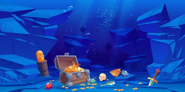 istock Treasure on sea bottom, chest with golden coins 1303436288