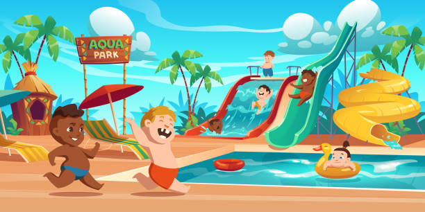 dzieci w aquaparku, atrakcjach parku wodnego rozrywki - swimming pool child water park inflatable stock illustrations