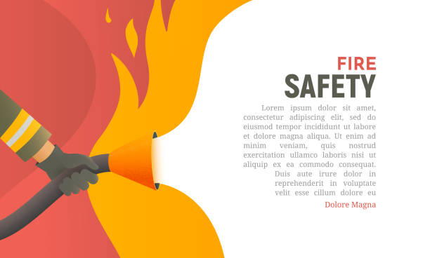 화재 안전 벡터 일러스트레이션. 화재 배경 템플릿의 사용을 주의합니다. 소방관이 화재 만화 플랫 디자인과 싸웁니다. 자연 화재 및 재해 웹 배너 - fire stock illustrations