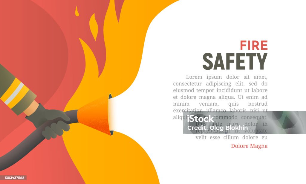 De vectorillustratie van de brandveiligheid. Voorzorgsmaatregelen het gebruik van brand achtergrond sjabloon. Een brandweerman bestrijdt een brand cartoon plat ontwerp. Natuurbranden en rampen webbanner - Royalty-free Vuur vectorkunst