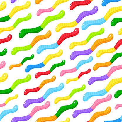 Jelly worm sweet candy seamless pattern with amazing flavor flat style design vector illustration. Bright colorful jelly delicious sweets pattern isolated on white background.
