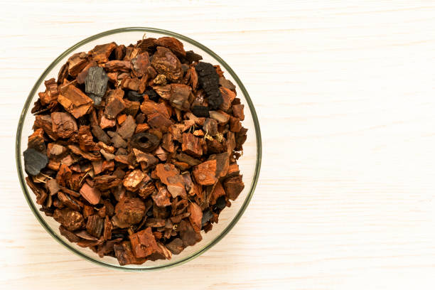 Best soil for orchids, pine bark, cut pine bark, prepared bark. Pine bark background.
