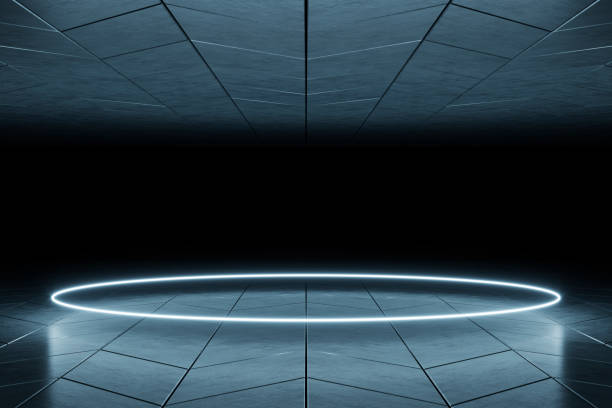 istock Modern empty abstract background illuminated by white neon circle light / ultra sound wave, 80's retro style 1303440478