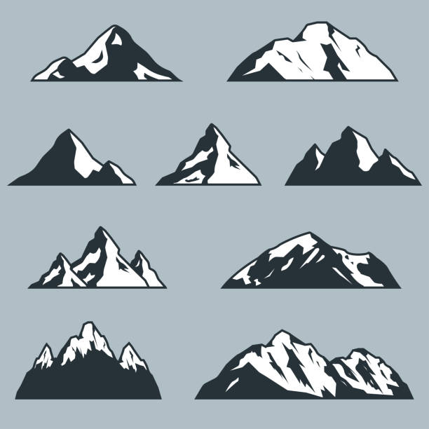 ilustrações, clipart, desenhos animados e ícones de conjunto de silhuetas da montanha. ícone das montanhas rochosas ou coleção de logotipos. ilustração vetorial. - mountain ridge