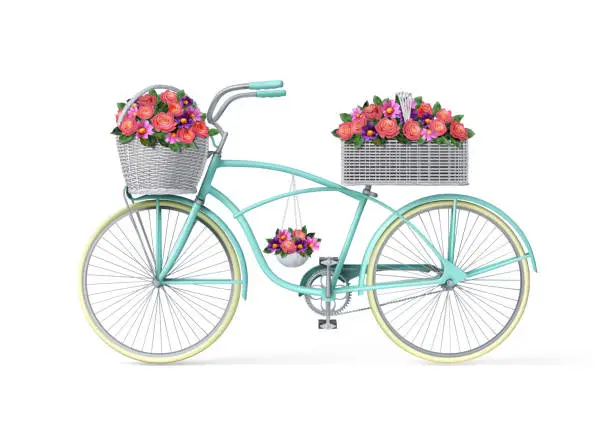 Vector illustration of Bicycle with flowers in baskets. Vector illustration.