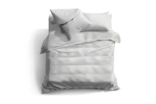 istock Three pillows, a blanket and a mattress with a sheet on the floor in an upright position. Vector illustration 1303441620