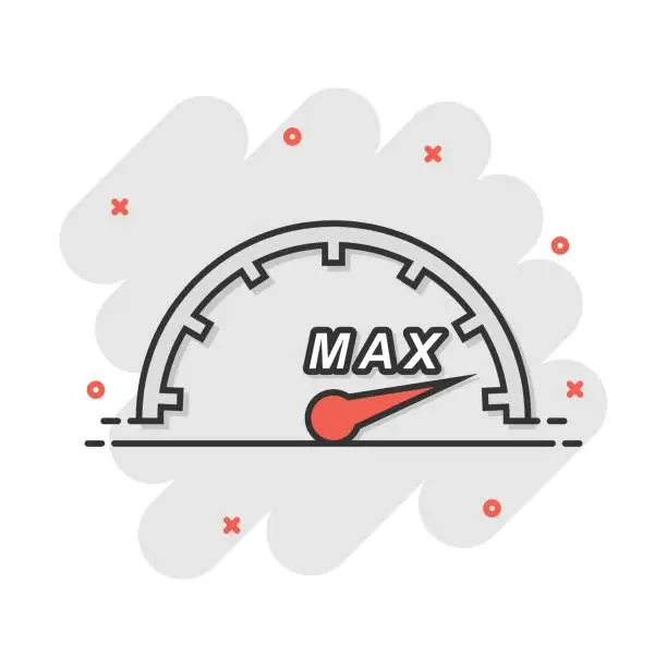 Vector illustration of Cartoon max speed icon in comic style. Speedometer sign illustration pictogram. Tachometer splash business concept.