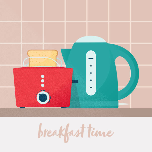 ilustrações de stock, clip art, desenhos animados e ícones de breakfast time concept. kettle and toaster on kitchen. vector illustration in flat style - torradeira