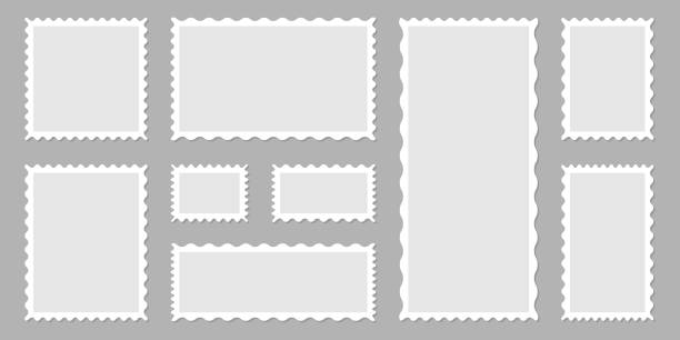ilustrações de stock, clip art, desenhos animados e ícones de postage stamps. light blank postage stamps on gray background. vector illustration - postage stamp backgrounds correspondence delivering