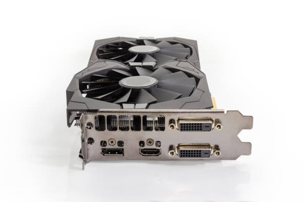istock Graphics card from the side of external connectors close-up 1303444537