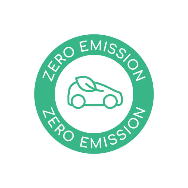 Zero emission car logo, sign, line icon. Green automobile with a leaf inside a circle. Electric vehicle. Sustainable energy sources. Toxic gasses pollution solution. Vector illustration, flat,clip art zero emission vehicle stock illustrations