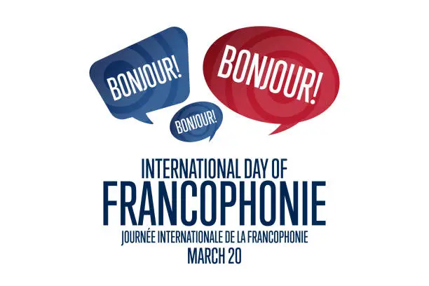 Vector illustration of International Day of Francophonie. Inscription in French: International Day of Francophonie. March 20. Holiday concept. Template for background, banner, card, poster.. Vector EPS10 illustration.