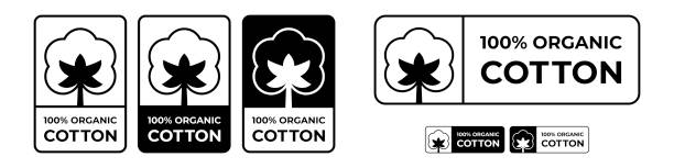 ilustrações de stock, clip art, desenhos animados e ícones de cotton fabric logo labels and icons, organic natural cotton quality vector flower 100% stamps - cotton smooth green plant