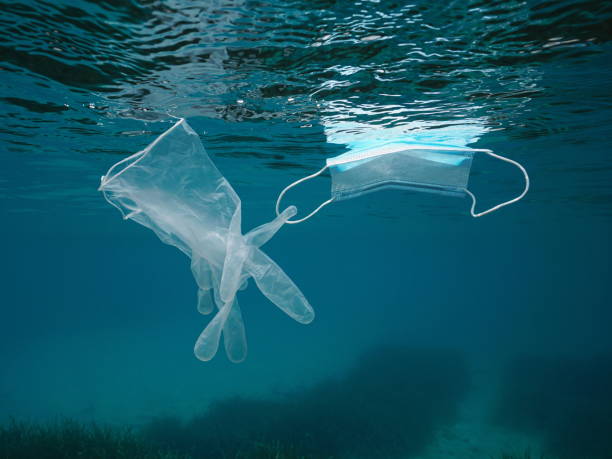 istock Face mask and glove in the sea plastic waste 1303447422