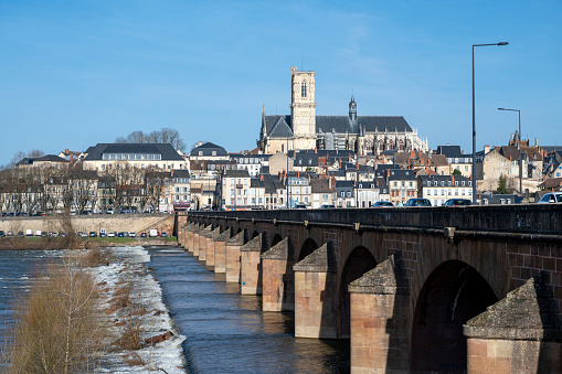 Panorama of the Loire river with the city of Nevers and the bridge over the river