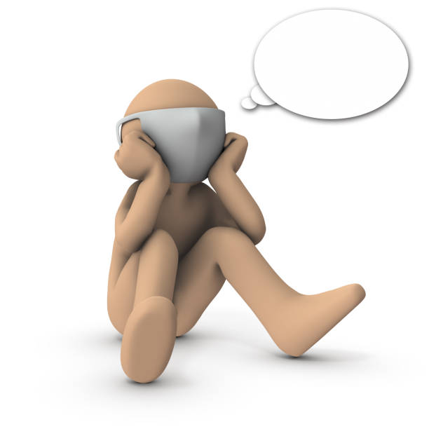 Wear a mask. A character who sits down and mutters to himself. 3D rendering. White background.
