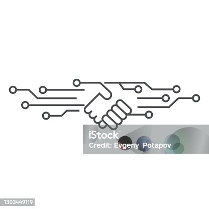 istock Vector illustration. Handshake robots. Artificial Intelligence . 1303449119