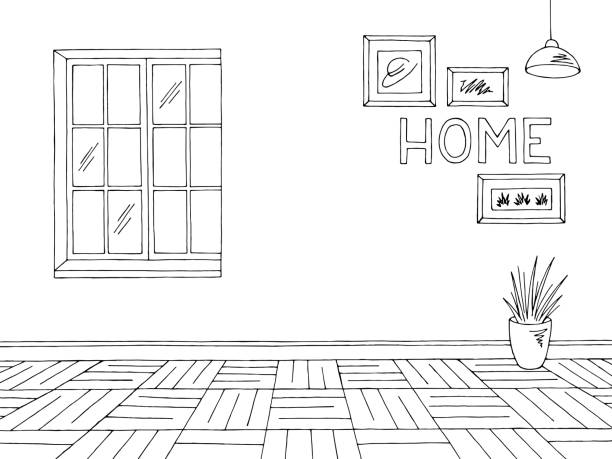 комната графический черный белый интерьер дома эскиз иллюстрации вектор - hardwood floor illustrations stock illustrations