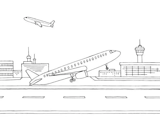 Vector illustration of Airport exterior plane takes off graphic black white sketch illustration vector