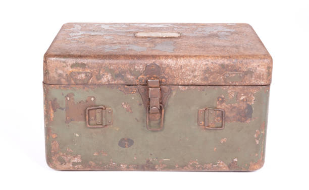 istock Old rusted green army case, isolated on white 1303450390