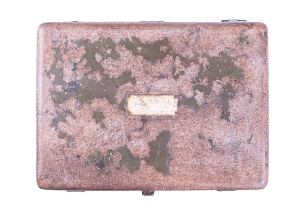 istock Old rusted green army case, isolated on white 1303450401