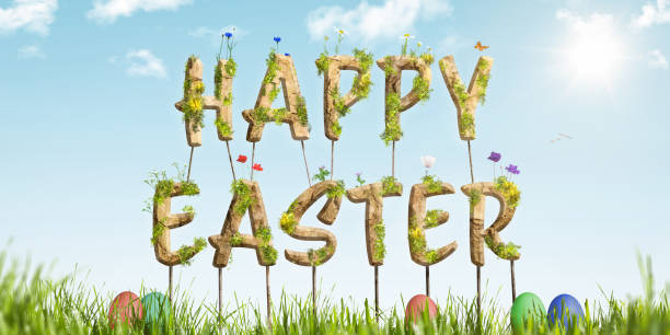 istock Colorful Happy Easter lettering on green grass 1303450592