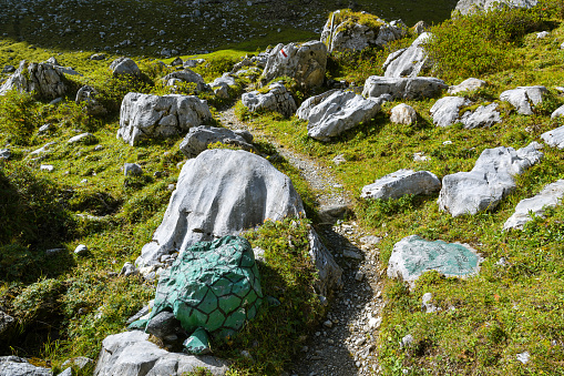 Giant turtle guarding tourists on the walking trail high in the mountains in Swiss Alps close to Unterschachen