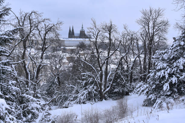 istock Snowy Prague Castle panorama stock images 1303454471