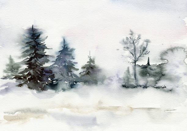 istock Watercolor Christmas minimalistic card with forest and snow. Hand painted fir trees illustration isolated on white background. Holiday illustration for design, print, fabric or background. 1303457469
