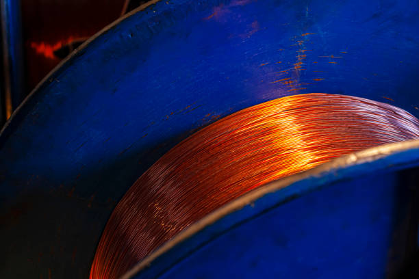 istock Copper wire reels in cable factory close up 1303457787