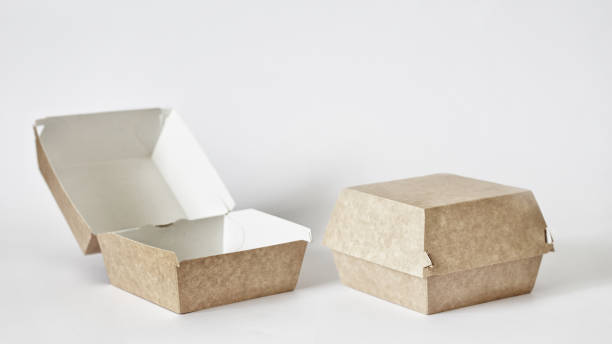istock Closed and opened empty blank cardboard food container. Hamburger sandwich box fast food delivery takeaway mockup template 1303458895