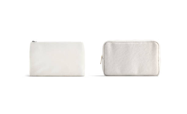 Blank canvas pouch and cosmetic bag mockup, front view Blank canvas pouch and cosmetic bag mockup, front view, 3d rendering. Empty fabric or linen purse for toiletry storage mock up, isolated. Clear female container for makeup template. animal pouch stock pictures, royalty-free photos & images