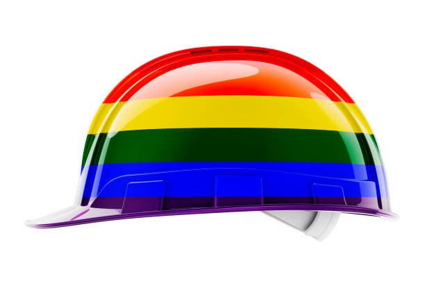 istock Hard hat with LGBT rainbow flag, 3D rendering isolated on white background 1303460017