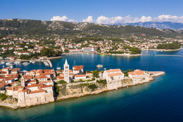 Aerial view of the Rab old town on Rab island along the Dalmatia coast in Croatia in the Balkans stock photo