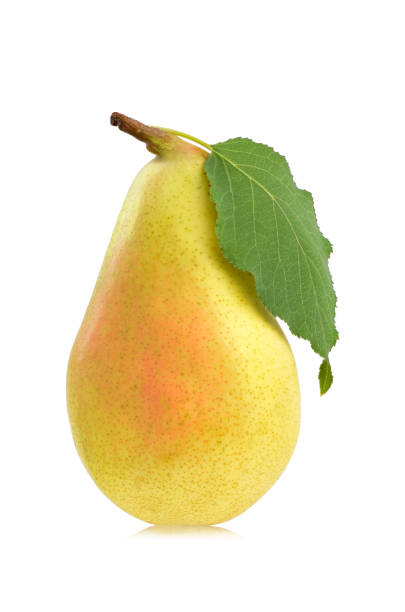 istock Yellow pear with green leaf isolated on white background 1303461277