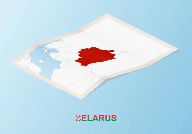 Vector illustration of Folded paper map of Belarus with neighboring countries in isometric style.