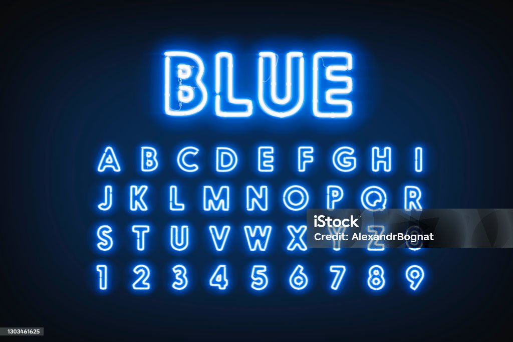 Blue neon capital letters and numbers, helium lighting font Blue neon capital letters and numbers, helium lighting font, 3d rendering. Facia diode typeface with backlight bright. Agleam symbols with date and uppercase set template. Neon Lighting Stock Photo