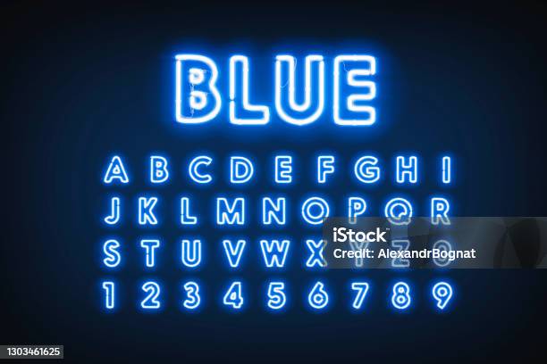 Blue Neon Capital Letters And Numbers Helium Lighting Font Stock Photo - Download Image Now