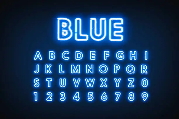 Blue neon capital letters and numbers, helium lighting font, 3d rendering. Facia diode typeface with backlight bright. Agleam symbols with date and uppercase set template.