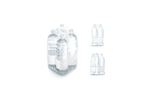 Blank plastic bottle in transparent shrink wrap mockup, different views, 3d rendering. Empty disposable film for four drink flask mock up, isolated. Clear mineral water package template.