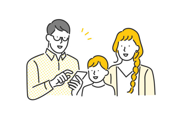 家族はスマートフォンを使用します - 家族　笑顔点のイラスト素材／クリップアート素材／マンガ素材／アイコン素材