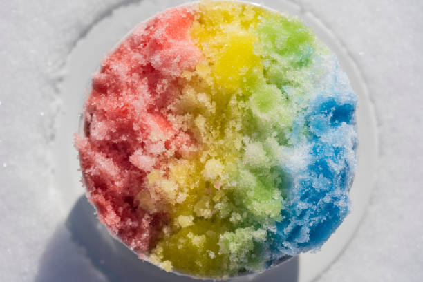 istock Rainbow shaved ice in dessert bowl on white snow background, close up 1303463000