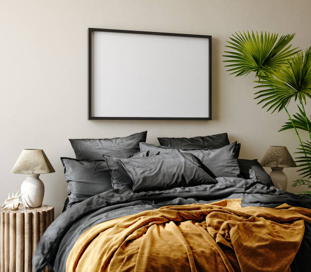 istock Mockup frame in bedroom interior background, Coastal boho style 1303463364