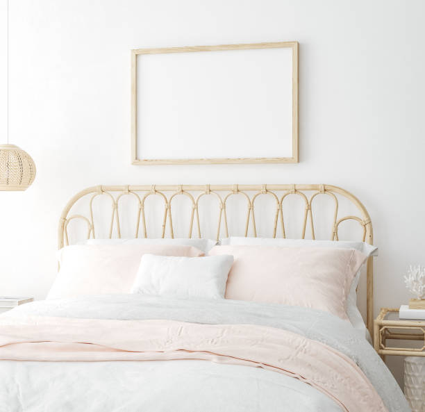 istock Mockup frame in bedroom interior background, Coastal boho style 1303463371