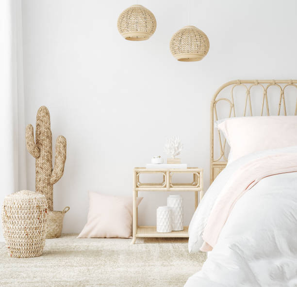 istock Coastal boho style bedroom interior background, wall mockup 1303463378