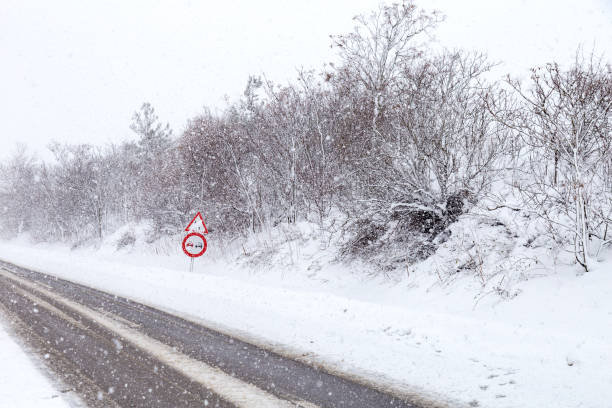istock Highway during snowfall, frozen asphalt and snowy trees. 1303464378
