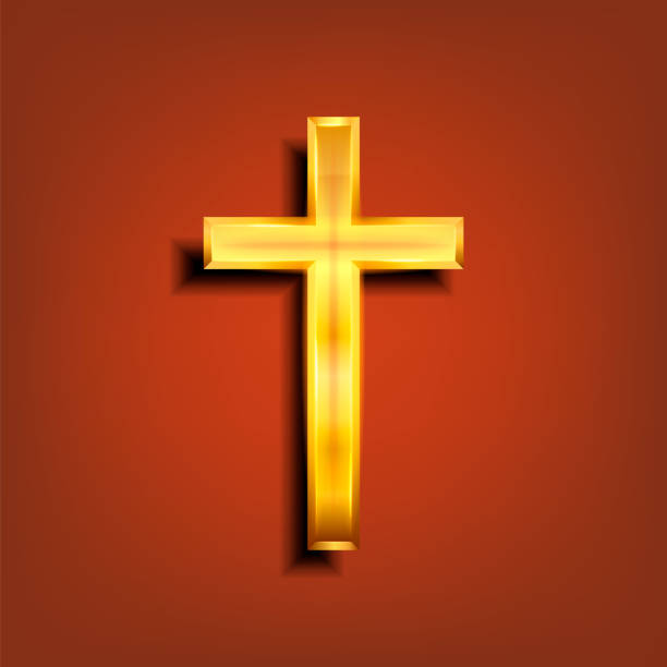 istock Golden Christian cross. Realistic cross isolated on background. Vector illustration. 1303464413