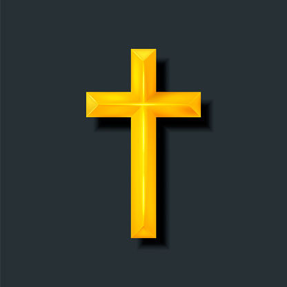 Golden Christian cross. Realistic cross isolated on background. Vector illustration. Eps 10.
